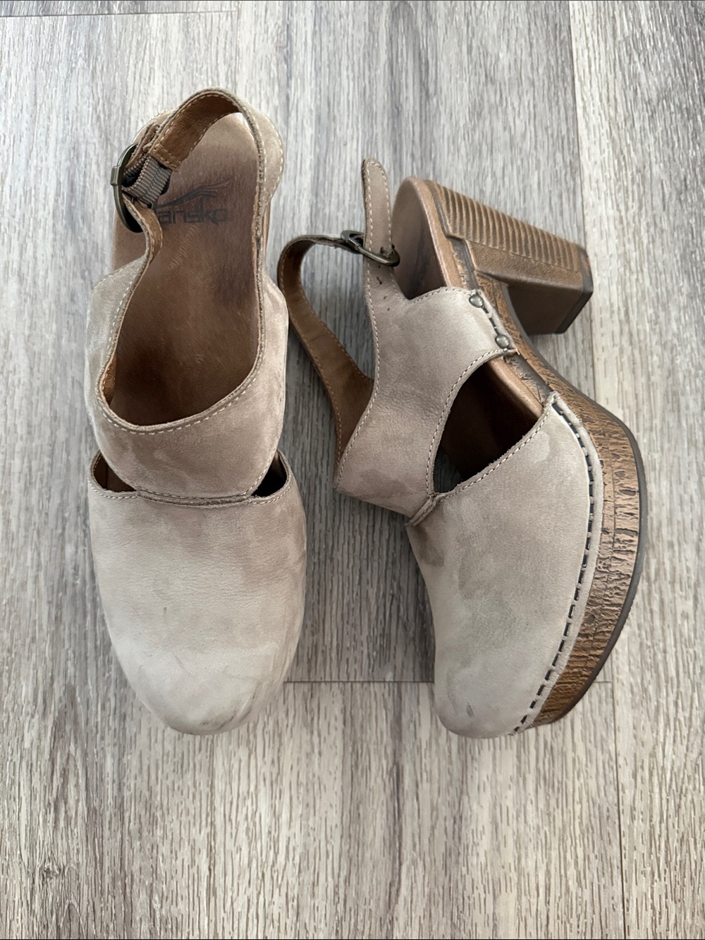 Dansko Taupe Suede Slingback Chunky Heel Clog Eu 37/6.5 Leather Mules